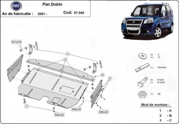 Steel sump guard for the protection of the engine and the gearbox for Fiat Doblo