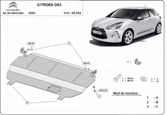Steel sump guard for Citroen DS3