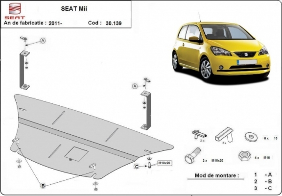 Steel sump guard for the protection of the engine and the gearbox for Seat Mii