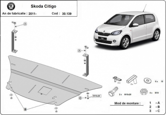 Steel sump guard for the protection of the engine and the gearbox for Skoda Citigo