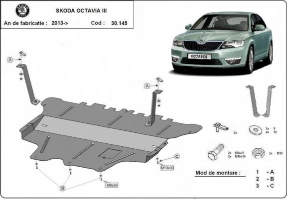 Steel sump guard for the protection of the engine and the gearbox for Skoda Octavia 3 - manual gearbox