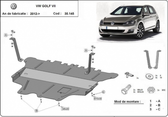 Steel sump guard for the protection of the engine and the gearbox for VW Golf 7 - manual gearbox