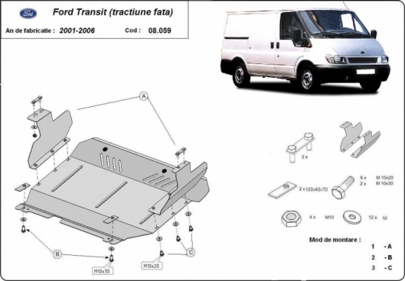 Steel sump guard for the protection of the engine and the gearbox for Ford Transit - FWD