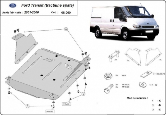 Steel sump guard for the protection of the engine and the gearbox for Ford Transit - RWD