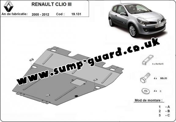 Steel sump guard for the protection of the engine and the gearbox for Renault Clio 3