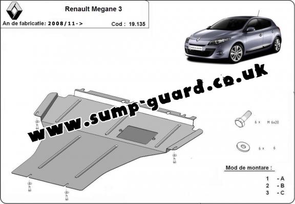 Steel sump guard for the protection of the engine and the gearbox for Renault Megane 3