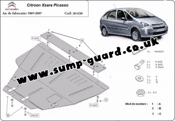 Steel sump guard for the protection of the engine and the gearbox for Citroen Xsara Picasso