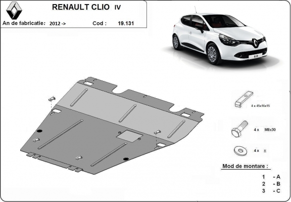 Steel sump guard for the protection of the engine and the gearbox for Renault Clio 4