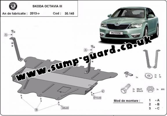 Steel sump guard for the protection of the engine and the gearbox for Skoda Octavia 3 - manual gearbox