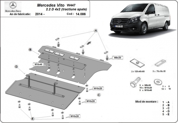 Steel sump guard for the protection of the engine and the gearbox for Mercedes Vito W447 - 4X2 