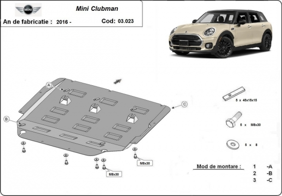 Steel sump guard for the protection of the engine and the gearbox for Mini Clubman