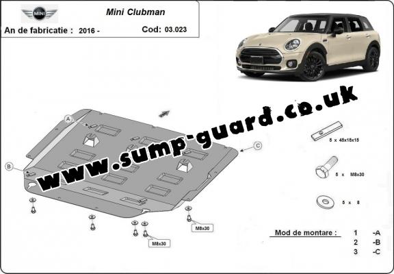 Steel sump guard for the protection of the engine and the gearbox for Mini Clubman