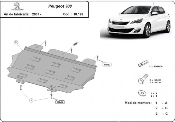 Steel sump guard for Peugeot 308