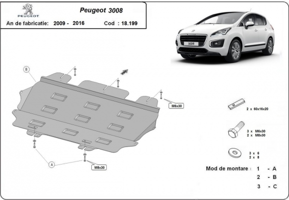 Steel sump guard for the protection of the engine and the gearbox for Peugeot 3008
