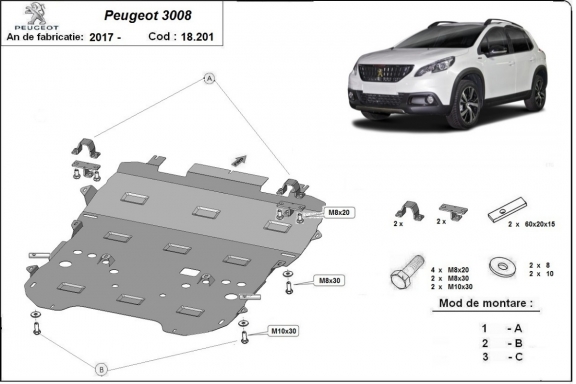 Steel sump guard for the protection of the engine and the gearbox for Peugeot 3008
