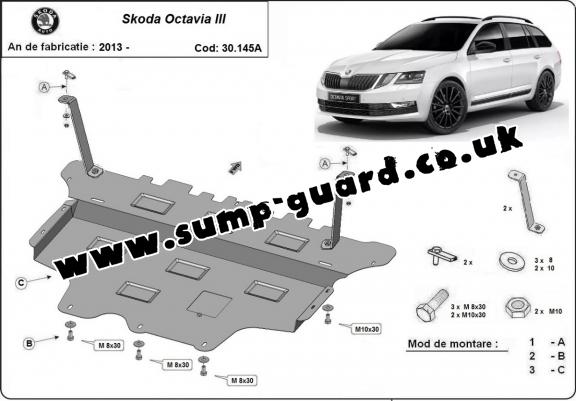 Steel sump guard for the protection of the engine and the gearbox for Skoda Octavia 3 - automatic gearbox