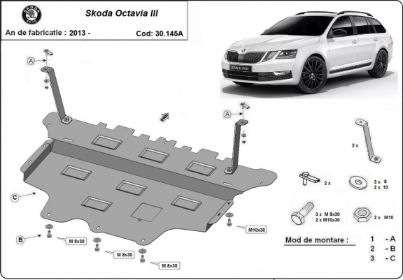 Steel sump guard for the protection of the engine and the gearbox for Skoda Octavia 3 - automatic gearbox