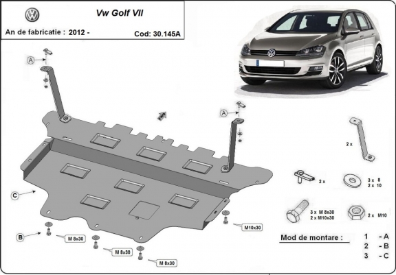 Steel sump guard for the protection of the engine and the gearbox for VW Golf 7 - automatic gearbox