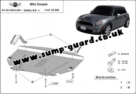 Steel sump guard for the protection of the engine and the gearbox for Mini Cooper R56