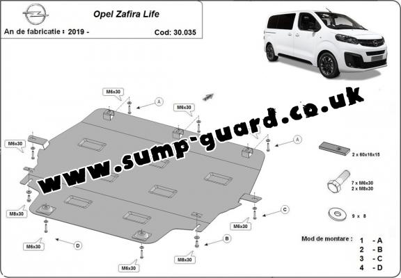 Steel sump guard for Vauxhall Zafira Life