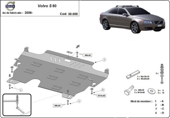 Steel sump guard for the protection of the engine and the gearbox for Volvo S80