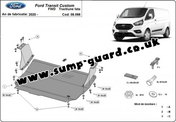 Steel sump guard for the protection of the engine and the gearbox for Ford Transit Custom - FWD