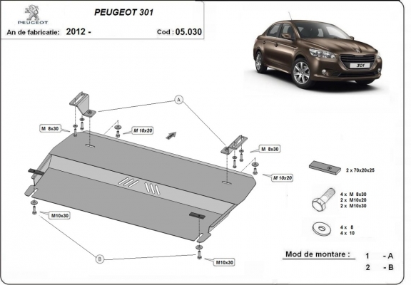 Steel sump guard for the protection of the engine and the gearbox for Peugeot 301