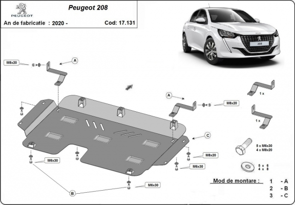 Steel sump guard for Peugeot 208