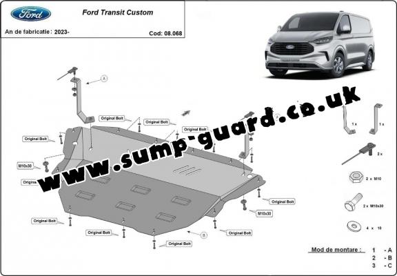 Steel sump guard for the protection of the engine and the gearbox for Ford Transit Custom