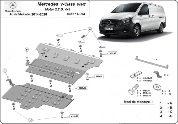 Steel sump guard for Mercedes V-Class W447, 2.2 D, 4x4