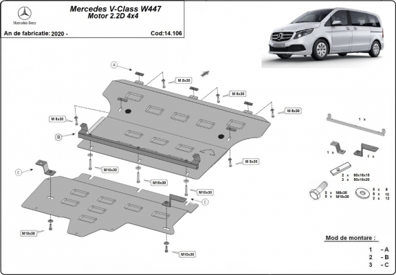 Steel sump guard for Mercedes V-Class W447, 2.2 D, 4x4
