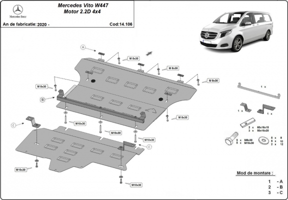Steel sump guard for Mercedes Vito W447, 2.2 D, 4x4