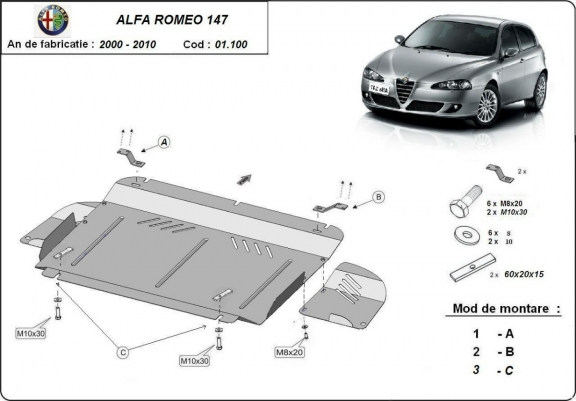 Steel sump guard for the protection of the engine and the gearbox for Alfa Romeo 147
