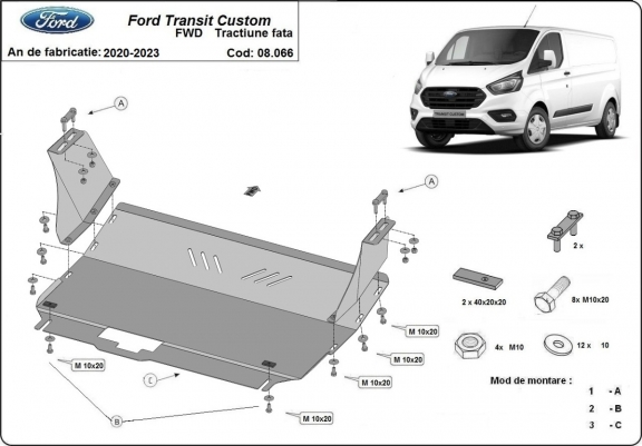 Steel sump guard for the protection of the engine and the gearbox for Ford Transit Custom - FWD
