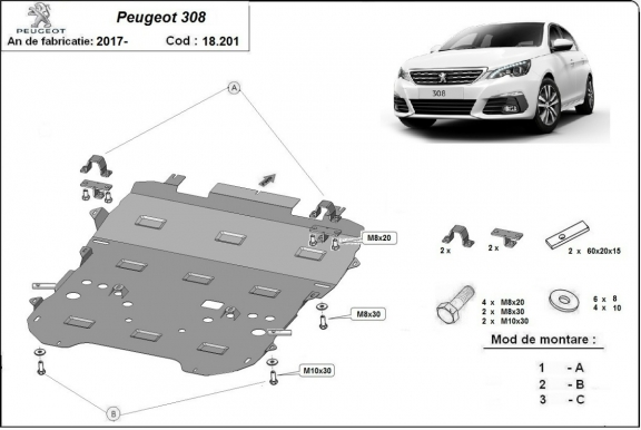 Steel sump guard for Peugeot 308