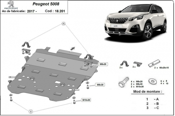 Steel sump guard for the protection of the engine and the gearbox for Peugeot 5008