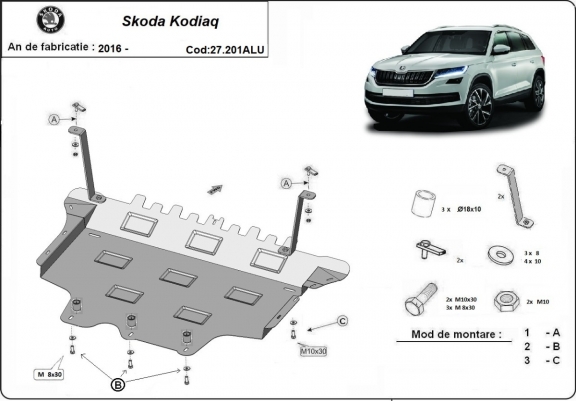 Aluminum sump guard for Skoda Kodiaq