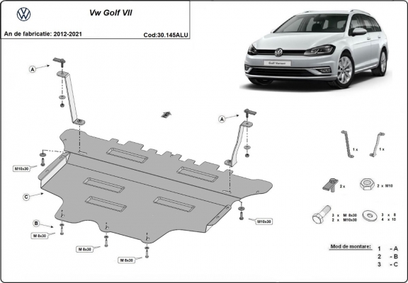 Aluminum sump guard for the protection of the engine and the gearbox for VW Golf 7