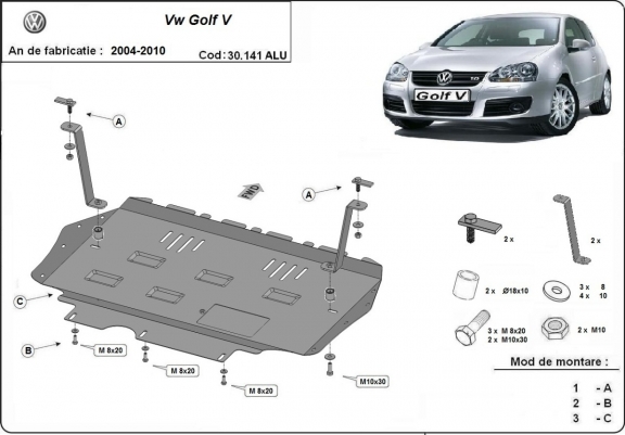Aluminum sump guard for Vw Golf mk5