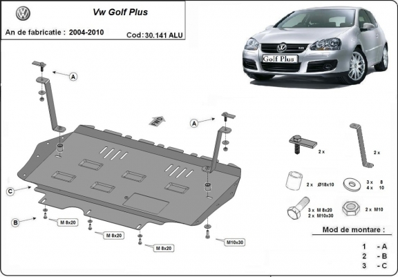 Aluminum sump guard for Vw Golf Plus
