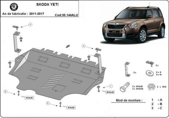 Aluminum sump guard for the protection of the engine and the gearbox for Skoda Yeti