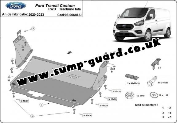 Aluminum sump guard for the protection of the engine and the gearbox for Ford Transit Custom - FWD