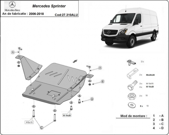 Aluminum sump guard for the protection of the engine and the gearbox for Mercedes Sprinter