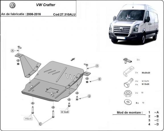 Aluminum sump guard for the protection of the engine and the gearbox for Volkswagen Crafter