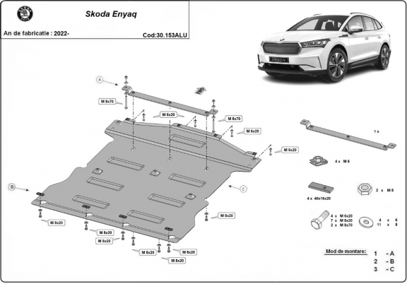 Aluminum sump guard for the protection of the engine and the gearbox for Skoda Enyaq