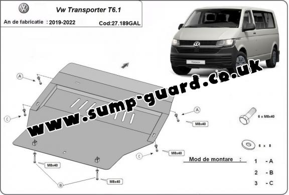 Galvanized steel sump guard for Volkswagen Transporter T6.1