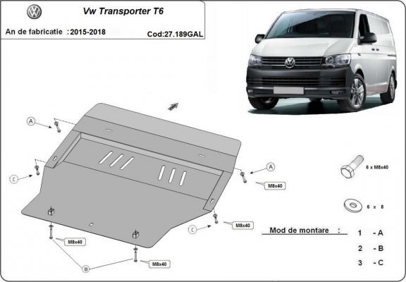 Galvanized steel sump guard for Volkswagen Transporter T6