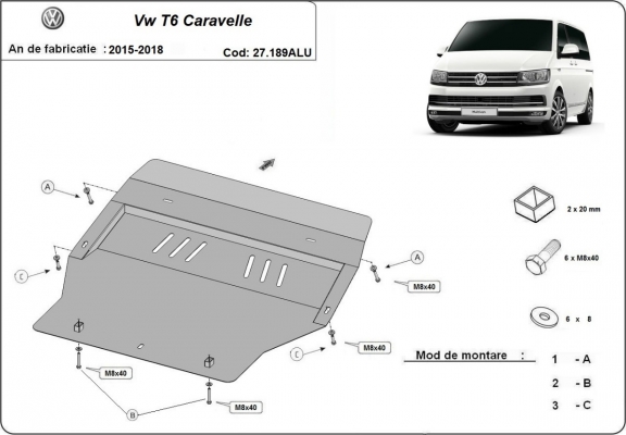 Aluminum sump guard for Volkswagen Transporter T6 Caravelle