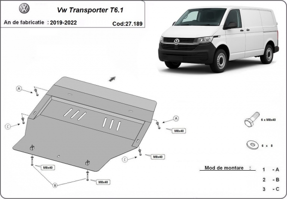 Steel sump guard for Volkswagen Transporter T6.1