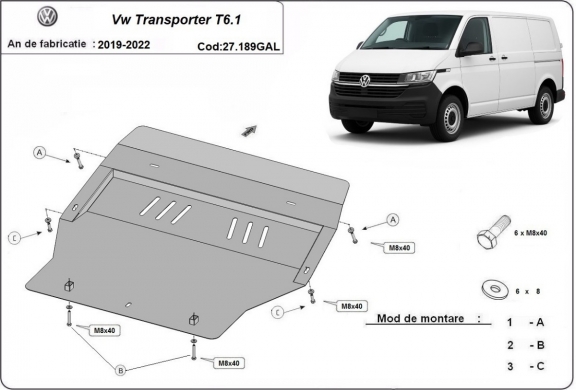 Galvanized steel sump guard for Volkswagen Transporter T6.1